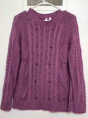 Purple Cable‑Knit Beaded Sweater
